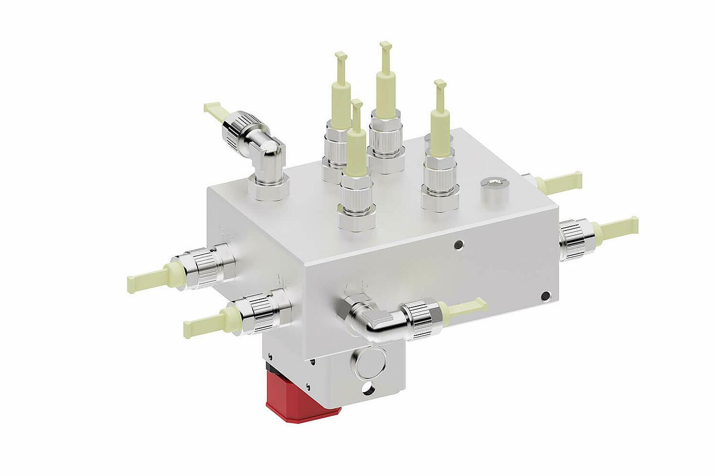 Ein einziges Bauteil übernimmt das gezielte Versorgen, Verteilen und Steuern der Flüssigkeits- und Gasströme in Anlagen und Maschinen. Integrierte Filter- und Ventilfunktionen ermöglichen in Kombination mit dem modularen Design vielseitige Konfigurationen.