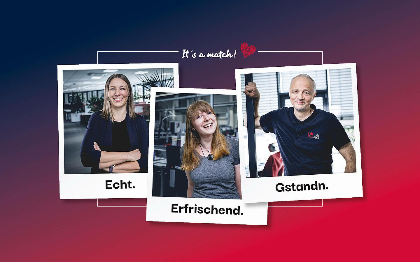 Drei verschiedene Polaroids mit AVS Römer Mitarbeitern. Echt, Erfrischend und Gstandnsteht auf den Polaroids. Farbverlauf im Hintergrund und It´s a match! Logo überhalb der Bilder.